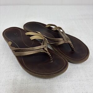Olukai Women's‎ Size 7.5 U'I Flip Flop Bronze Dark Java Leather Sandals Summer